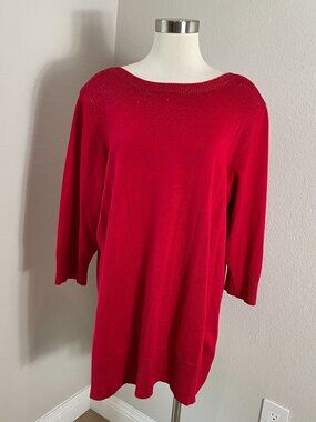NEW Cable & Gauge Plus 3X Red Long Sleeve Knit Tunic Top Rhinestone Accent Knit